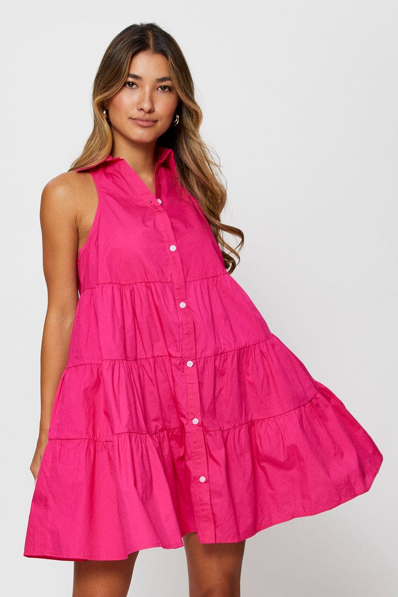 FB SHIRT DRESS Black Pink Shirt Dress Sleeveless V Neck for Women by Ally