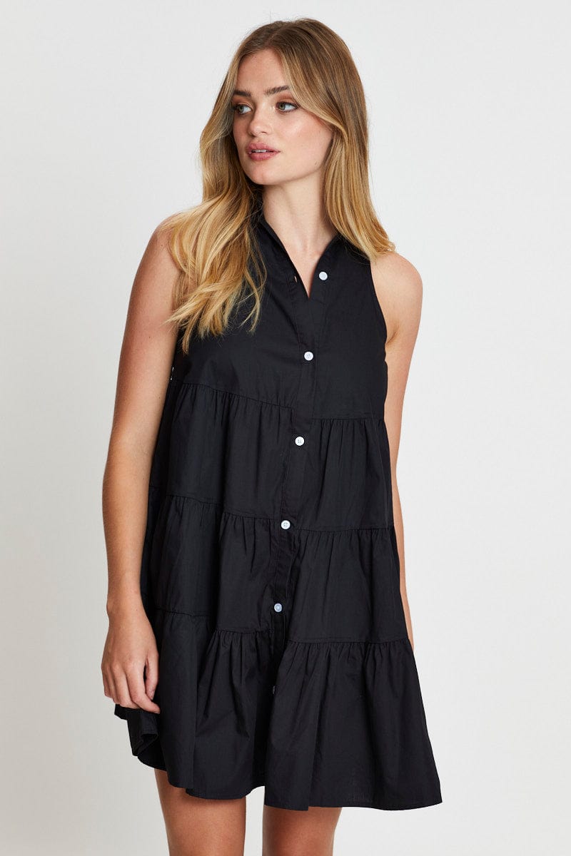 FB SHIRT DRESS Black Shirt Dress Sleeveless V Neck for Women by Ally