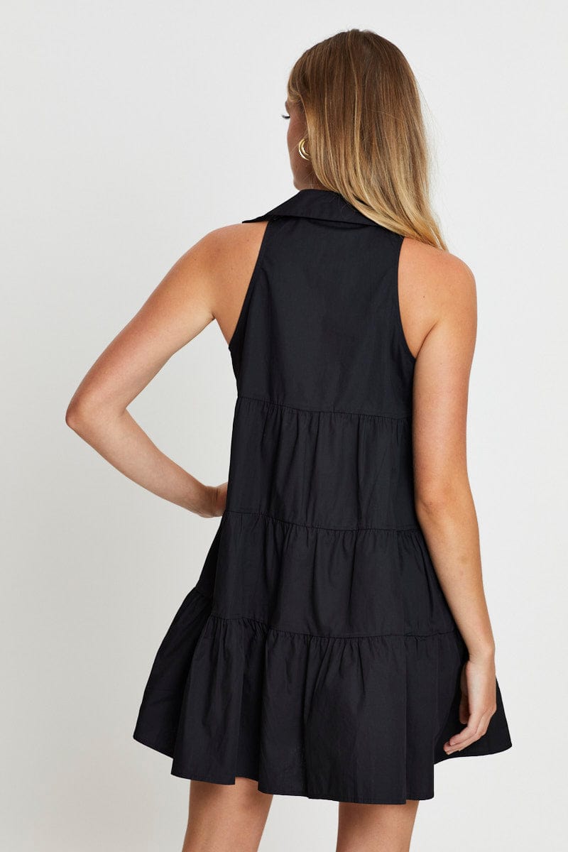 FB SHIRT DRESS Black Shirt Dress Sleeveless V Neck for Women by Ally