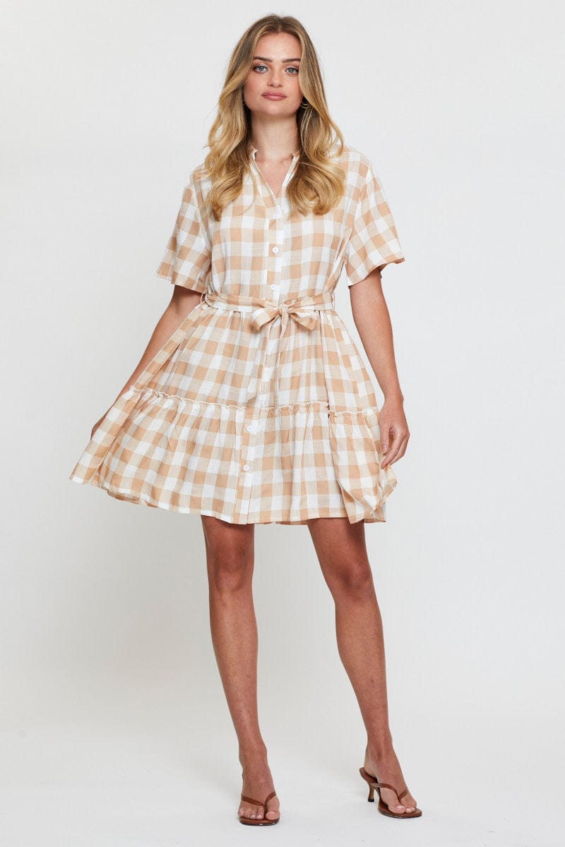 FB SHIRT DRESS Check Fit And Flare Dress Short Sleeve Tie Waist for Women by Ally