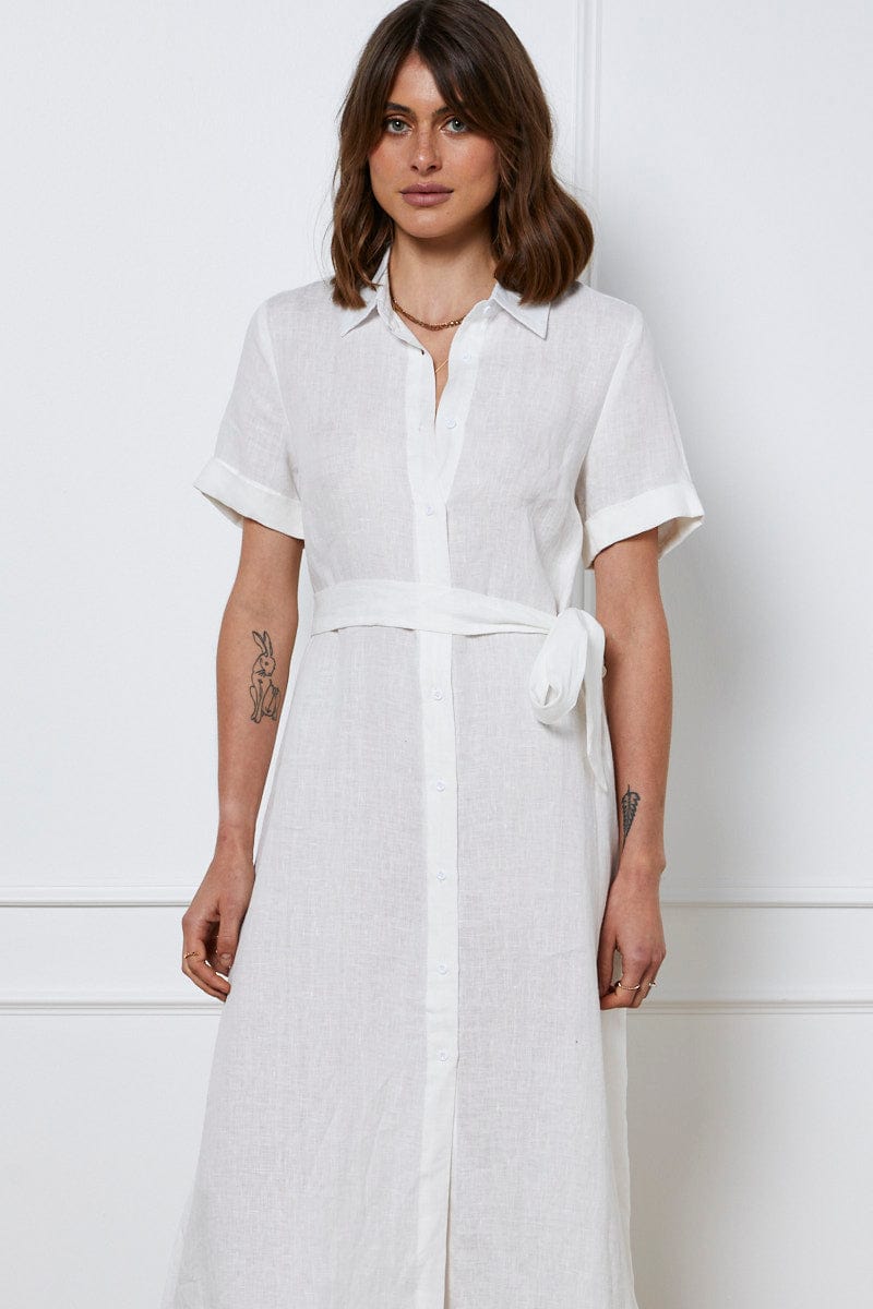 FB SHIRT DRESS White A Line Dress Short Sleeve Maxi for Women by Ally