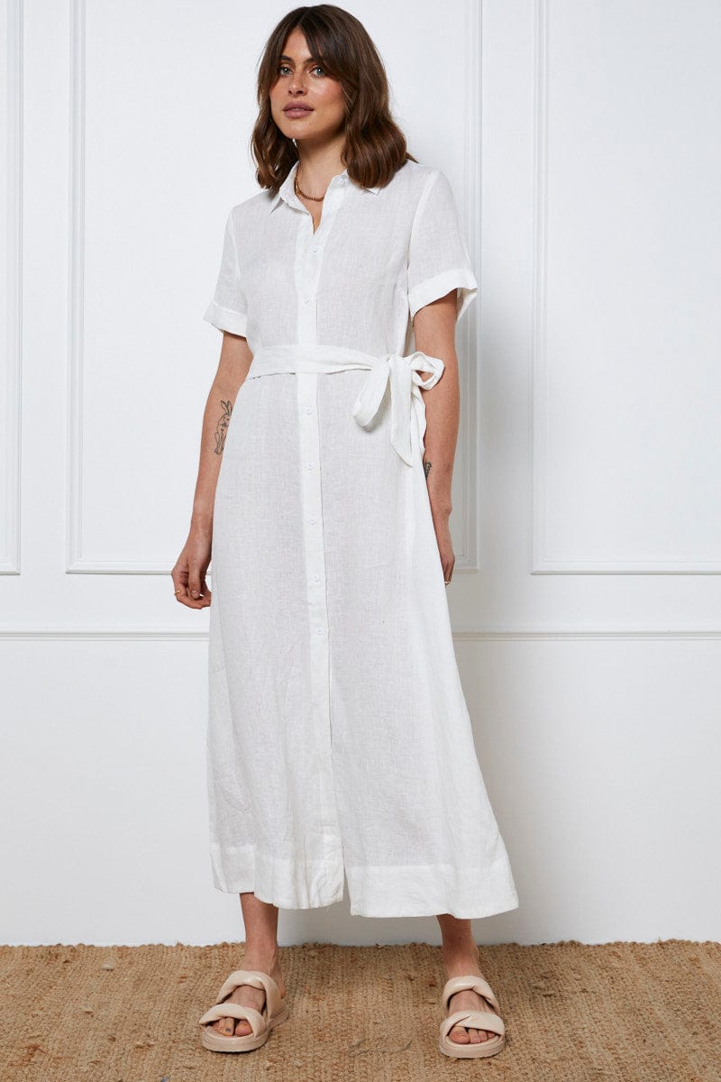 FB SHIRT DRESS White A Line Dress Short Sleeve Maxi for Women by Ally