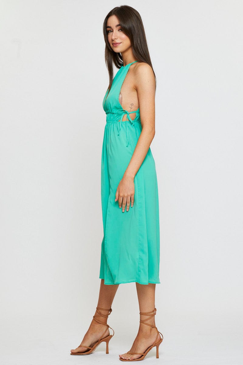 FB SLIP DRESS Green Midi Dress Sleeveless Front Split for Women by Ally