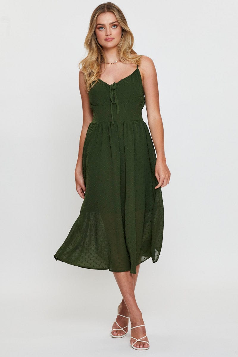 FB SLIP DRESS Green Midi Dress Sleeveless V Neck for Women by Ally