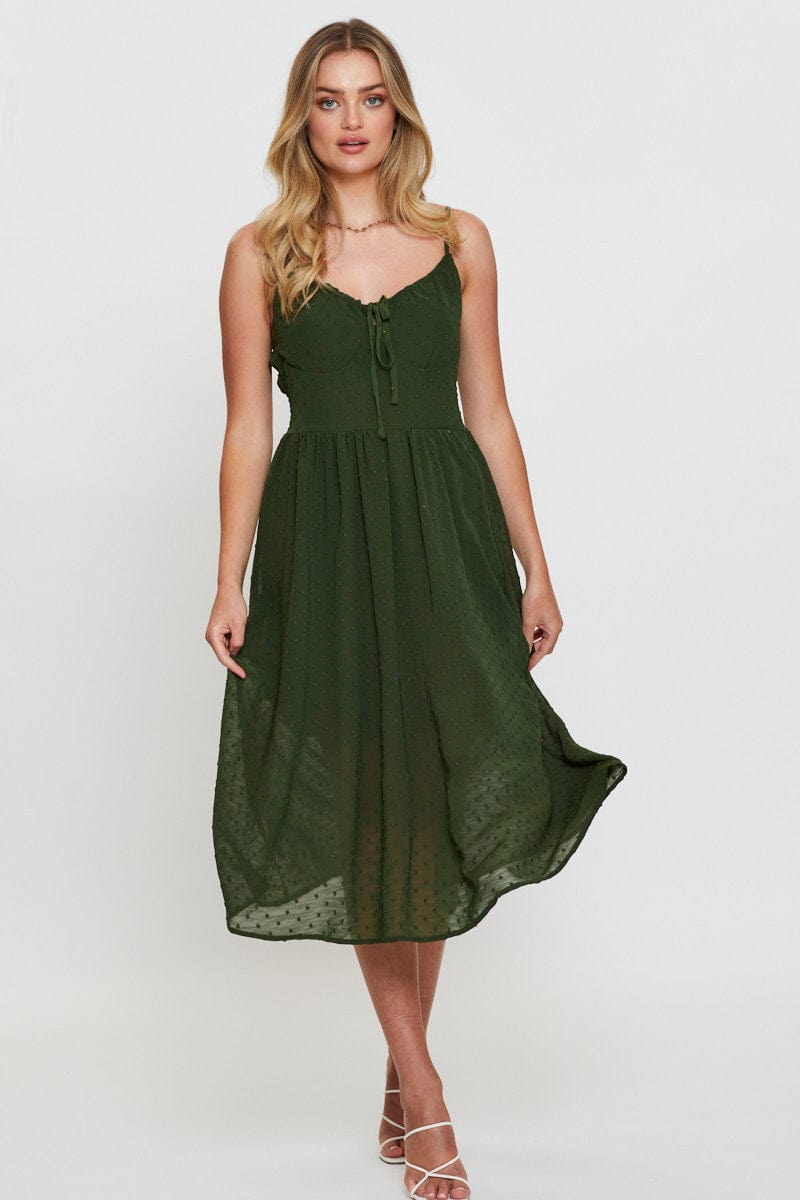 FB SLIP DRESS Green Midi Dress Sleeveless V Neck for Women by Ally