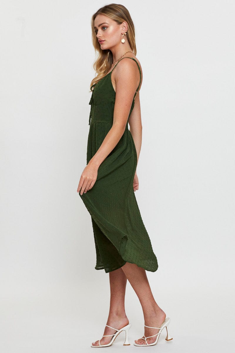 FB SLIP DRESS Green Midi Dress Sleeveless V Neck for Women by Ally