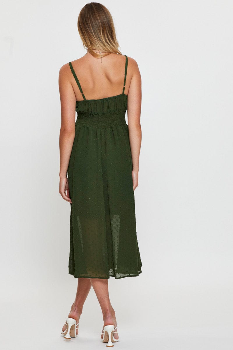 FB SLIP DRESS Green Midi Dress Sleeveless V Neck for Women by Ally