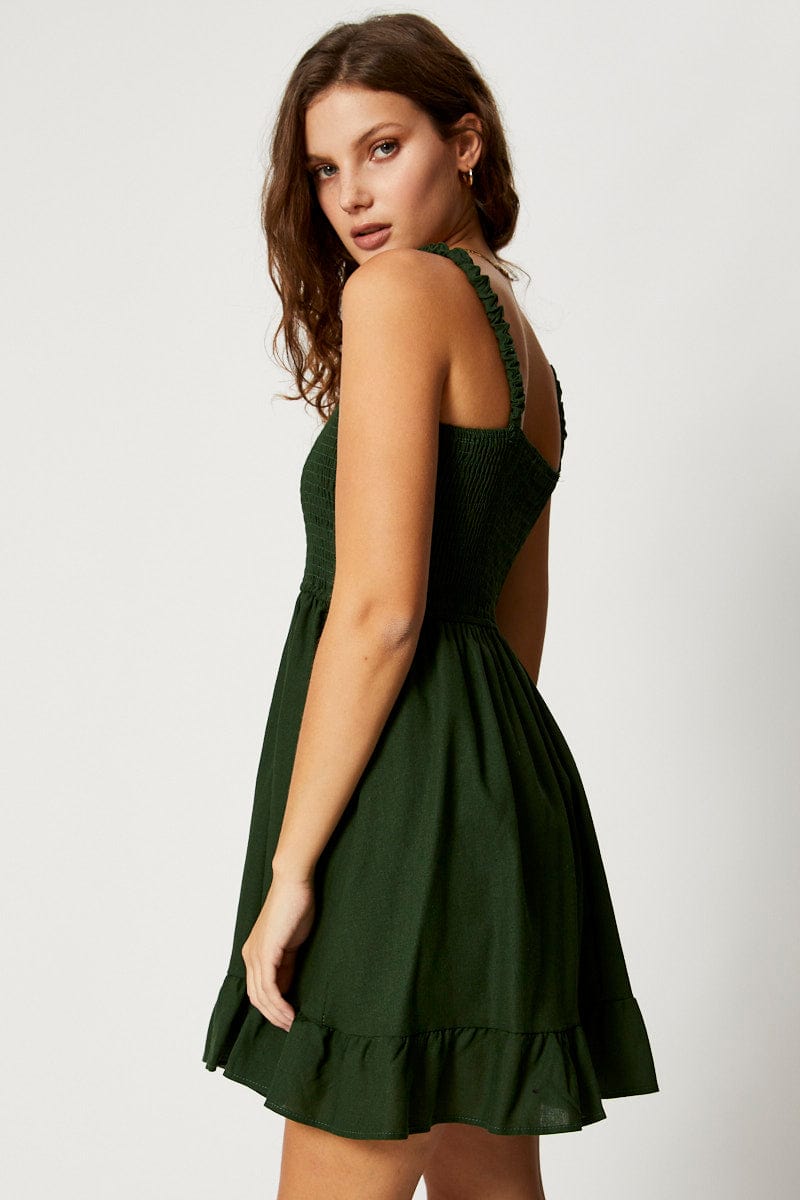 FB SLIP DRESS Green Shirred Skater Dress for Women by Ally