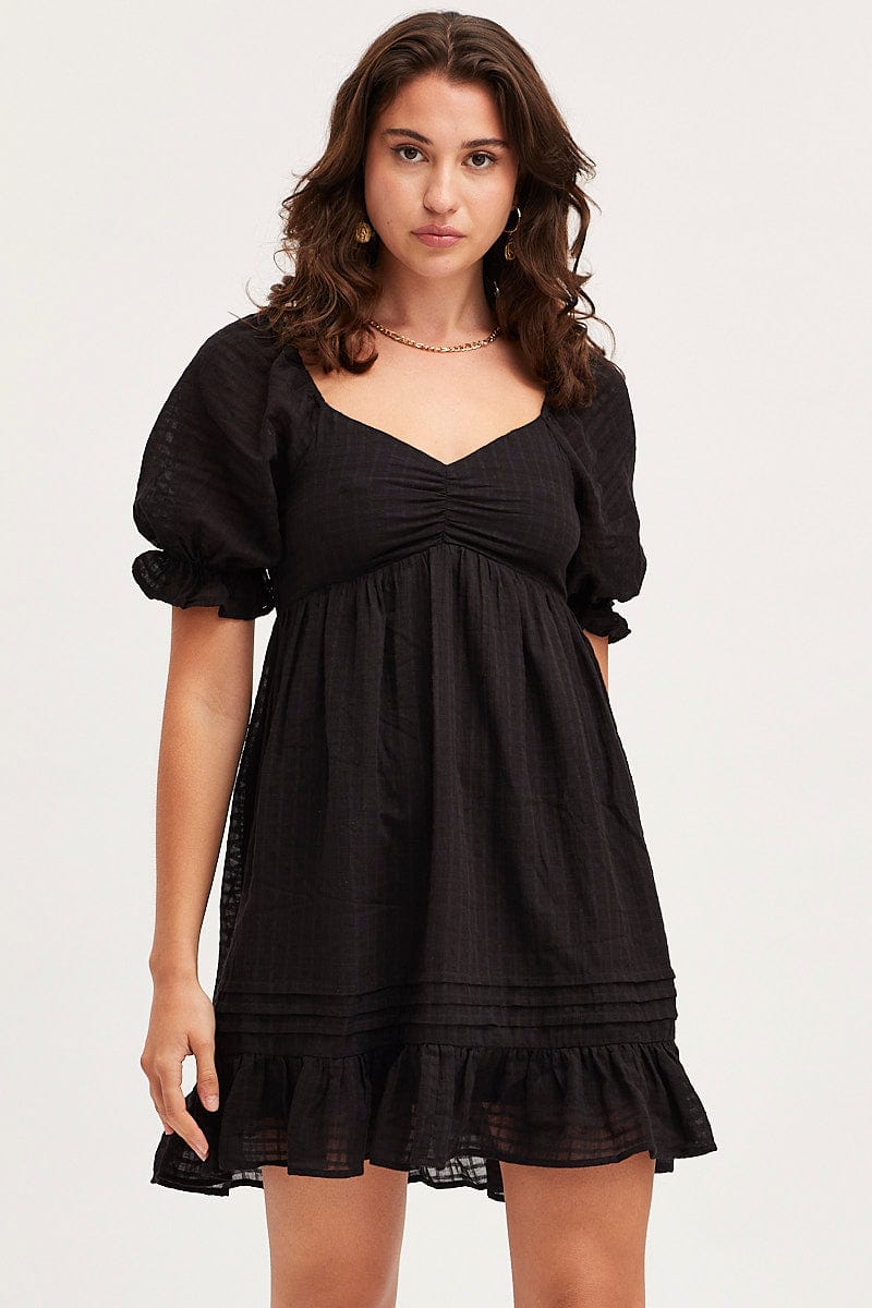 FB SMOCK DRESS Black Dress Short Sleeve Mini for Women by Ally