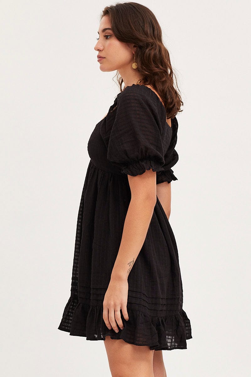 FB SMOCK DRESS Black Dress Short Sleeve Mini for Women by Ally