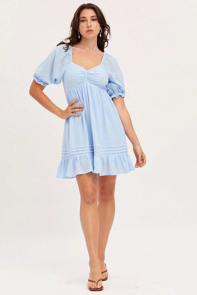 FB SMOCK DRESS Blue Dress Short Sleeve Mini for Women by Ally