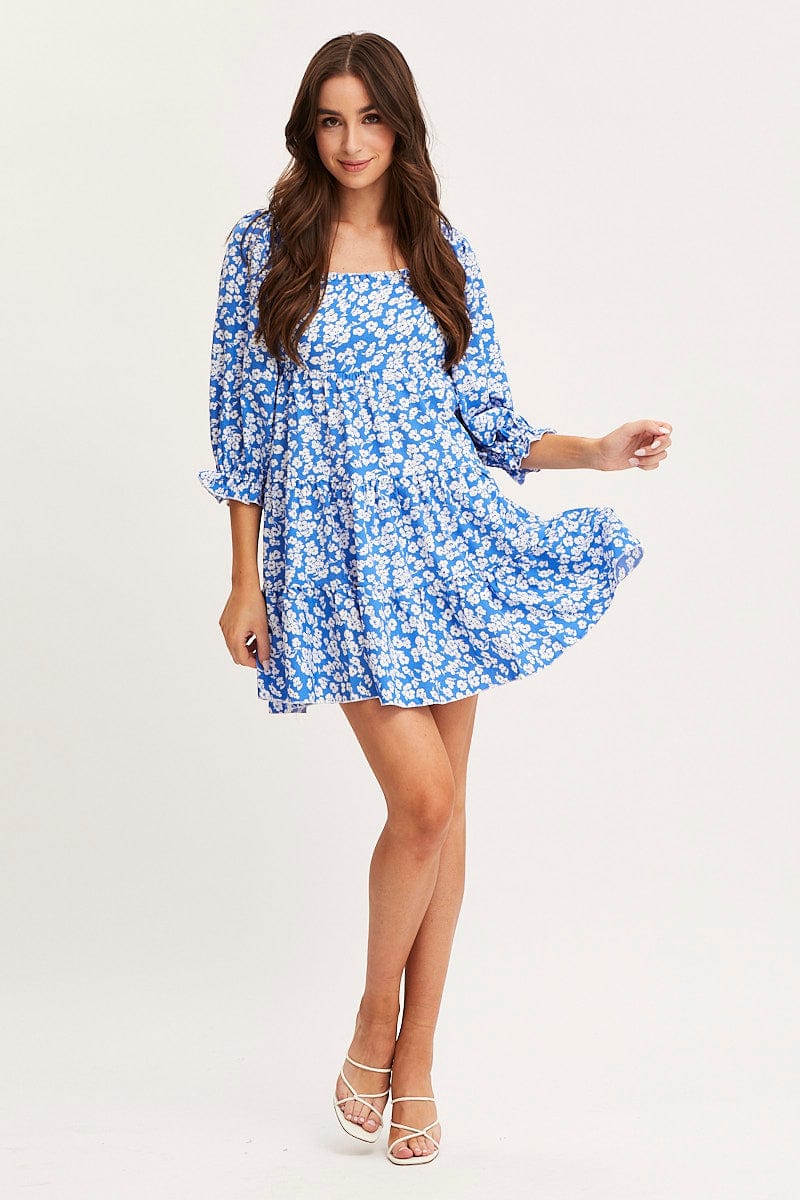 FB SMOCK DRESS Ditsy Print Fit And Flare Dress Long Sleeve Square Neck for Women by Ally