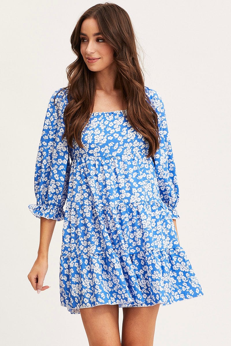 FB SMOCK DRESS Ditsy Print Fit And Flare Dress Long Sleeve Square Neck for Women by Ally