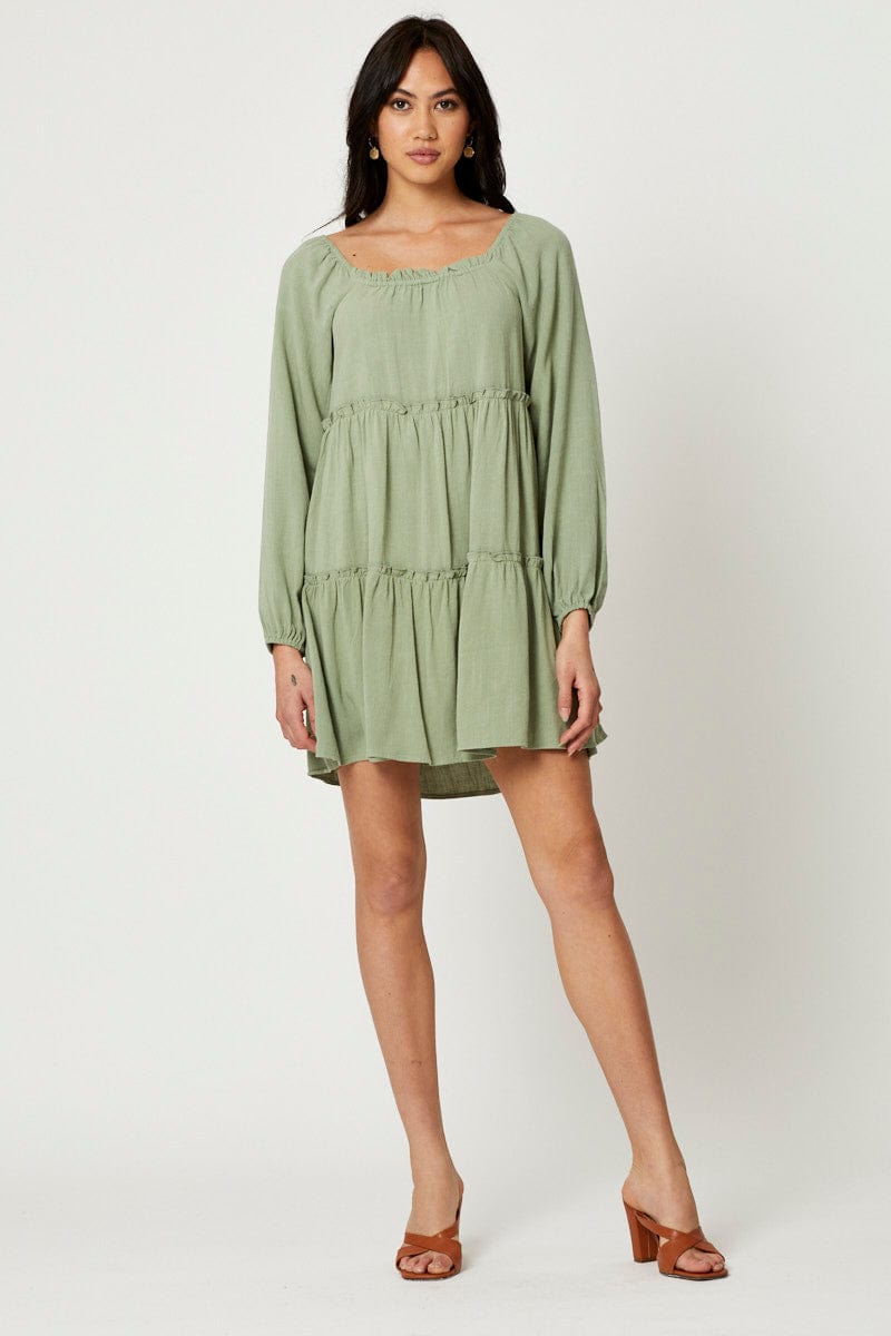 FB SMOCK DRESS Green Mini Dress Long Sleeve Square Neck for Women by Ally