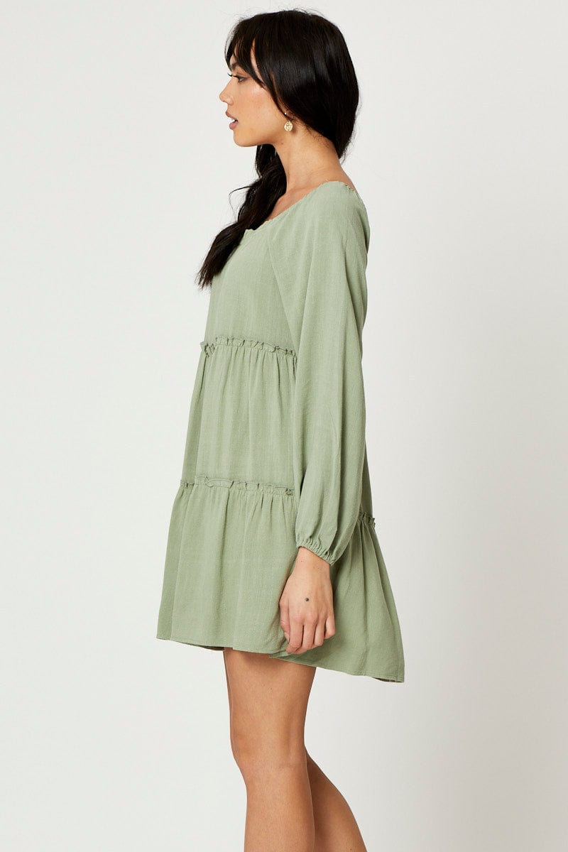 Women’s Green Mini Dress Long Sleeve Square Neck