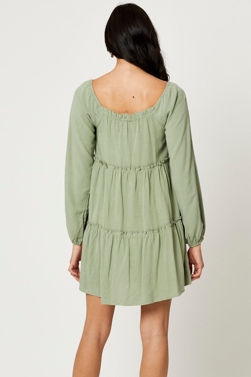 FB SMOCK DRESS Green Mini Dress Long Sleeve Square Neck for Women by Ally
