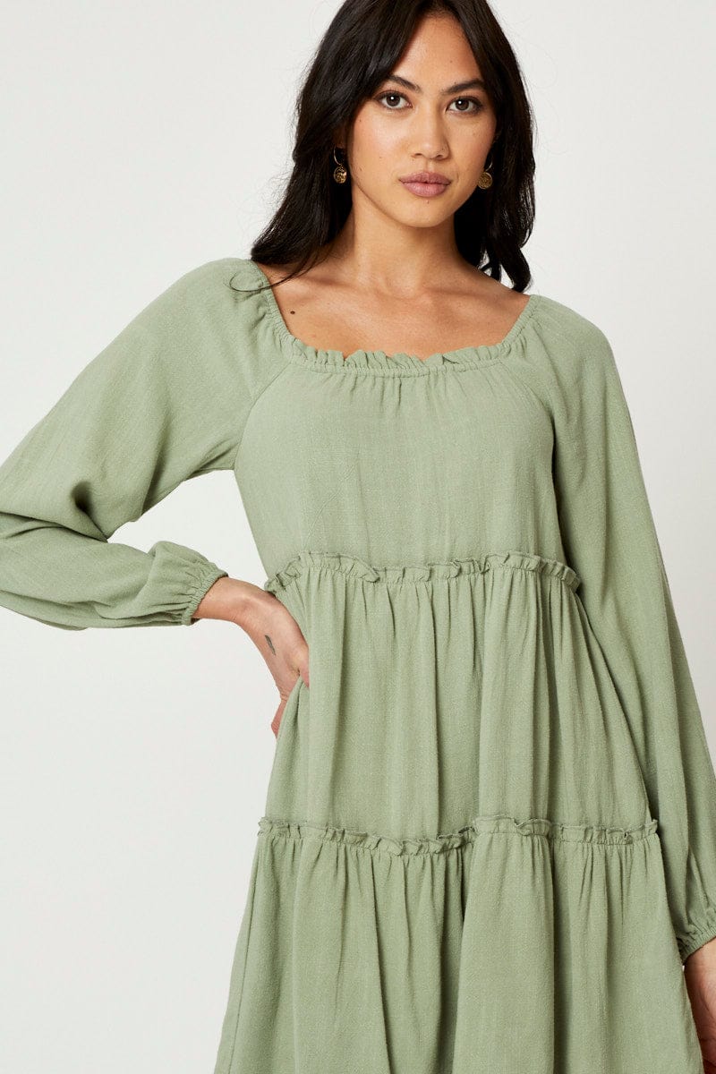 Women's Green Mini Dress Long Sleeve Square Neck | Ally Fashion Women's Green Mini Dress Long Sleeve Square Neck | Ally Fashion