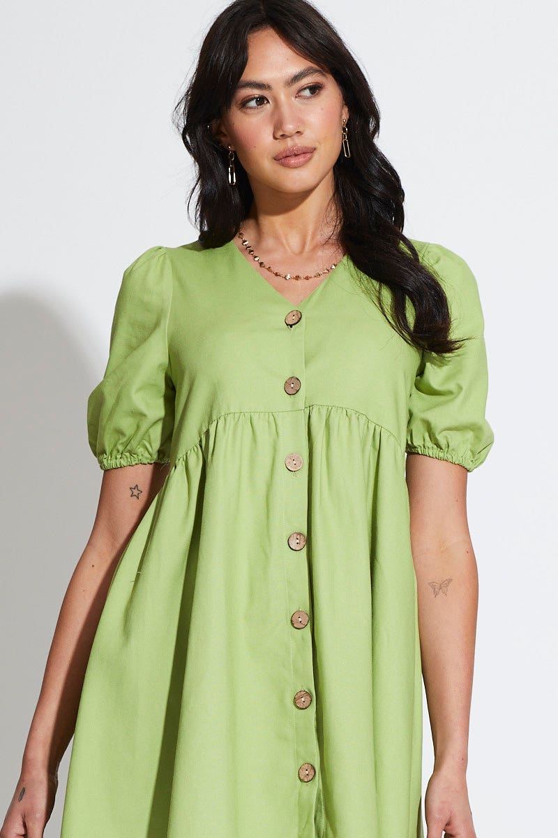 FB SMOCK DRESS Green Mini Dress Short Sleeve for Women by Ally