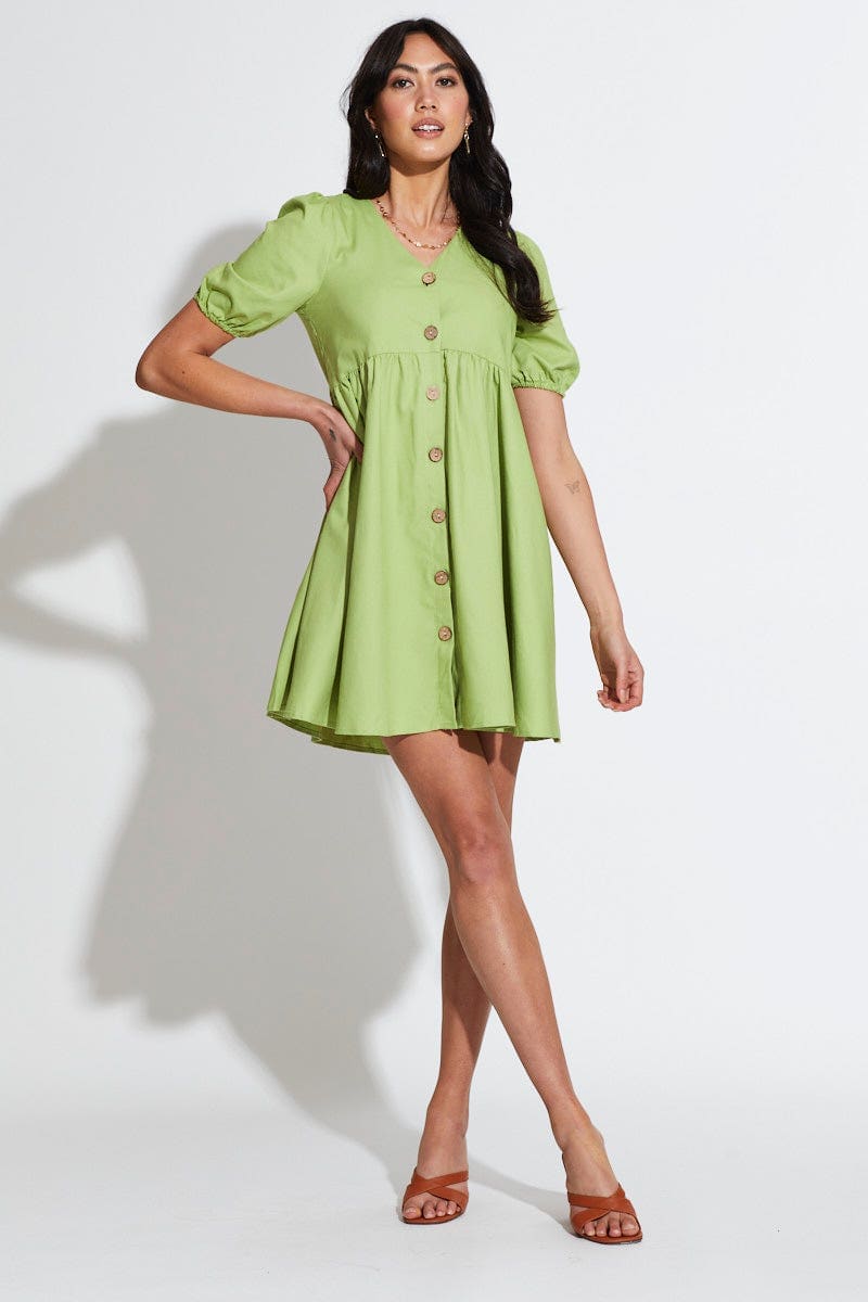 FB SMOCK DRESS Green Mini Dress Short Sleeve for Women by Ally