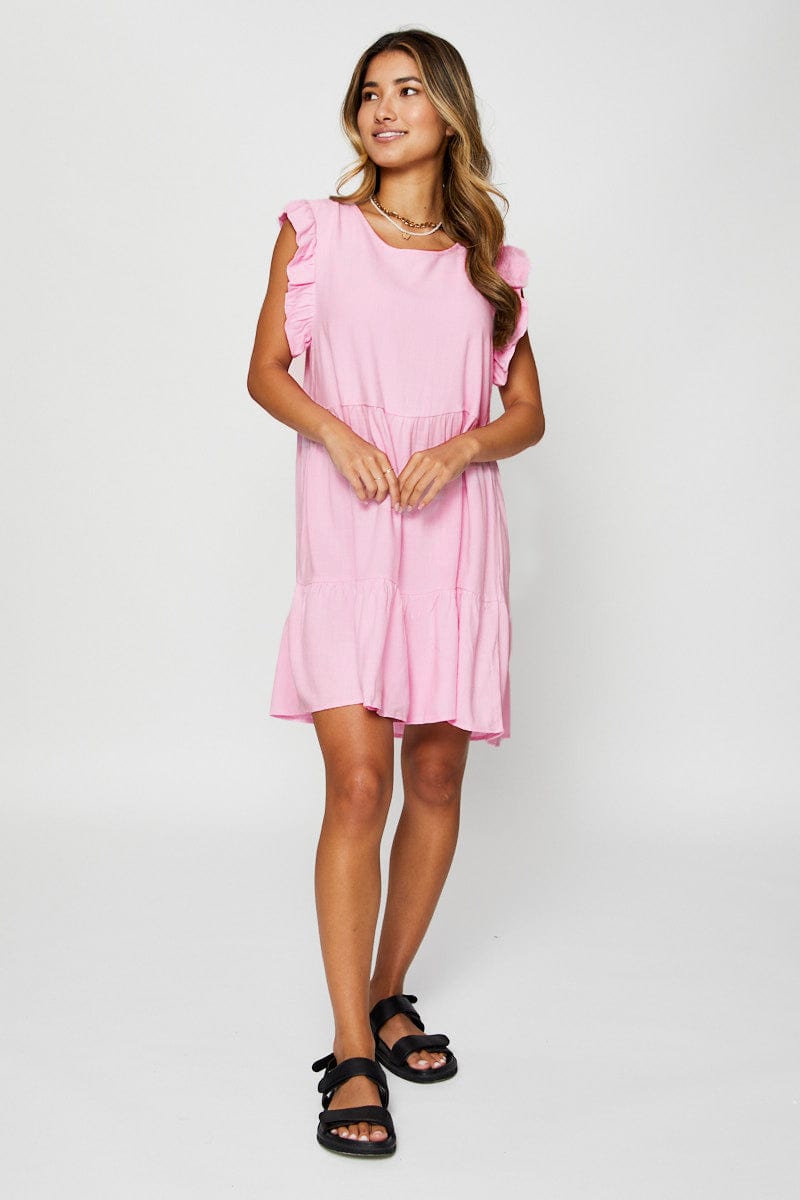 FB SMOCK DRESS Pink Mini Dress Sleeveless Round Neck for Women by Ally