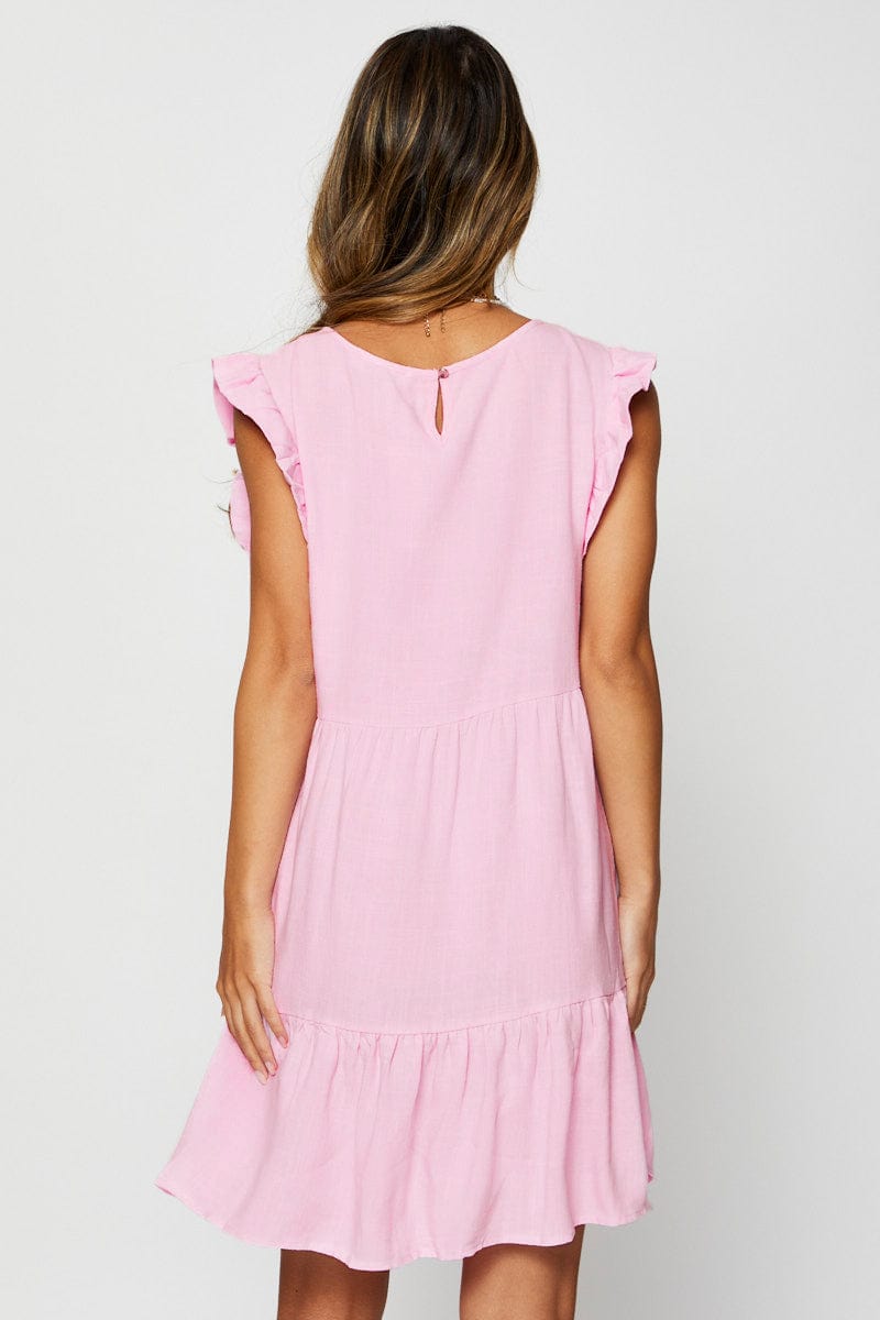 FB SMOCK DRESS Pink Mini Dress Sleeveless Round Neck for Women by Ally