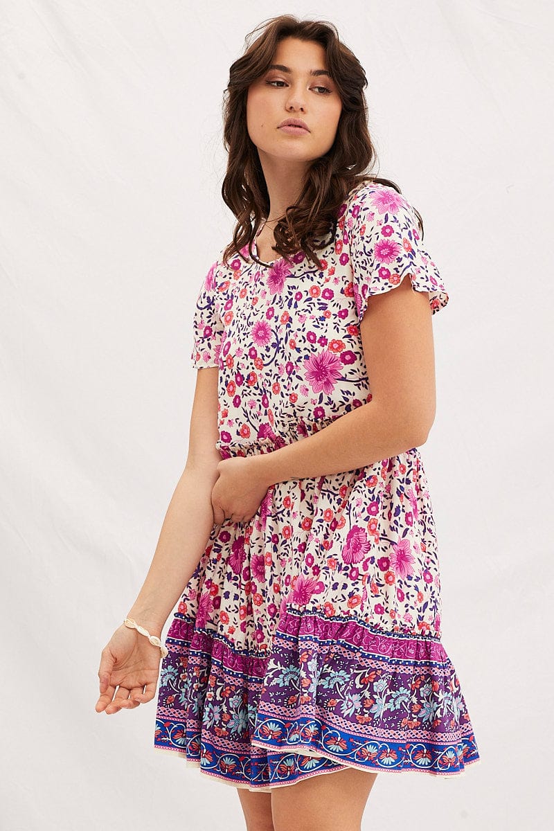FB SWING DRESS Boho Print Mini Dress Short Sleeve for Women by Ally