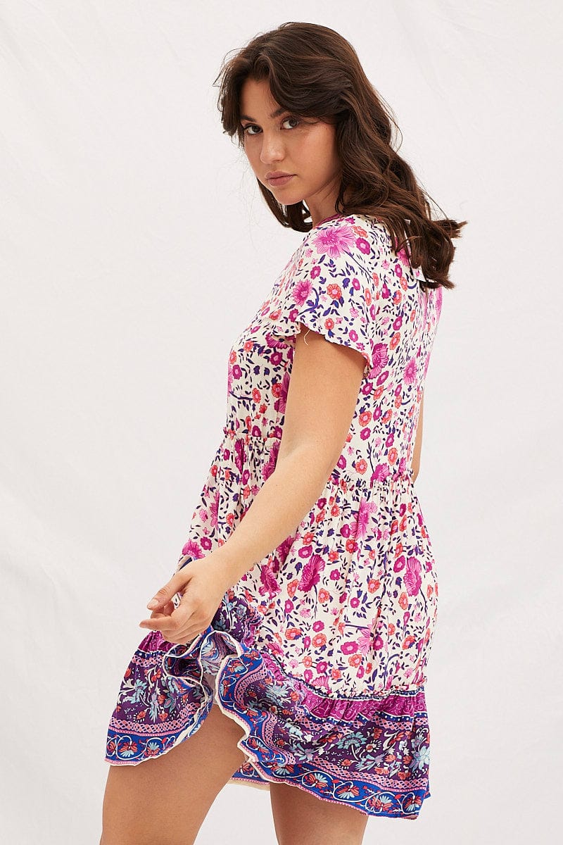 FB SWING DRESS Boho Print Mini Dress Short Sleeve for Women by Ally