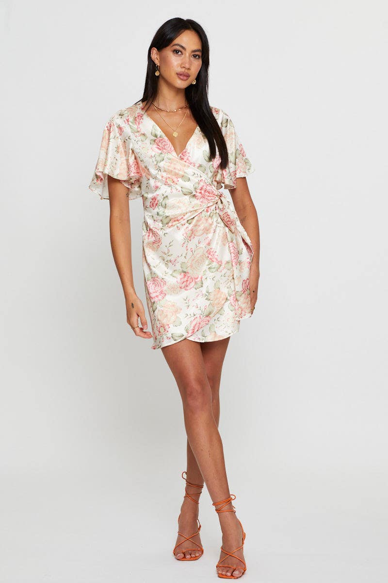 FB SWING DRESS Floral Print Wrap Dress Mini for Women by Ally