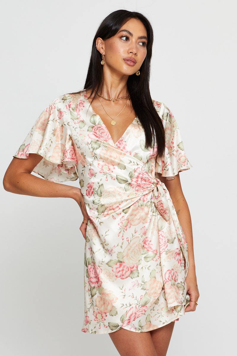 FB SWING DRESS Floral Print Wrap Dress Mini for Women by Ally