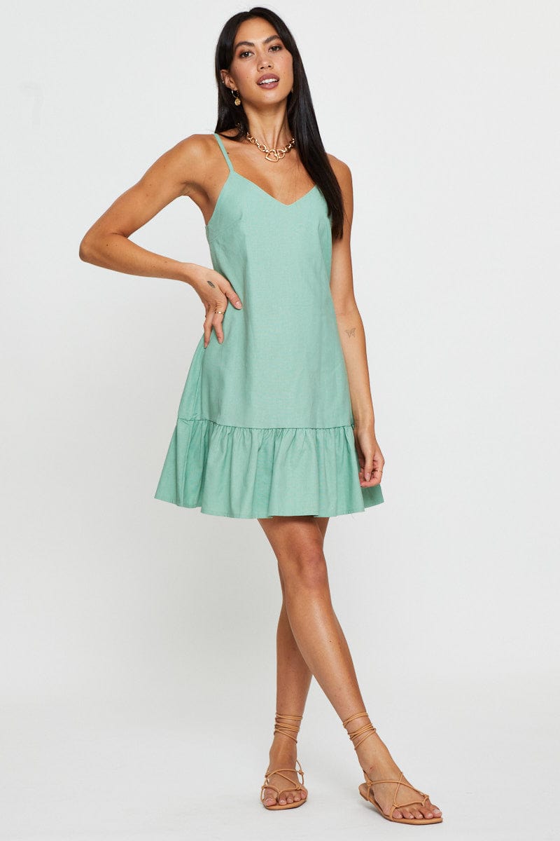 FB SWING DRESS Green A Line Dress Mini V Neck for Women by Ally