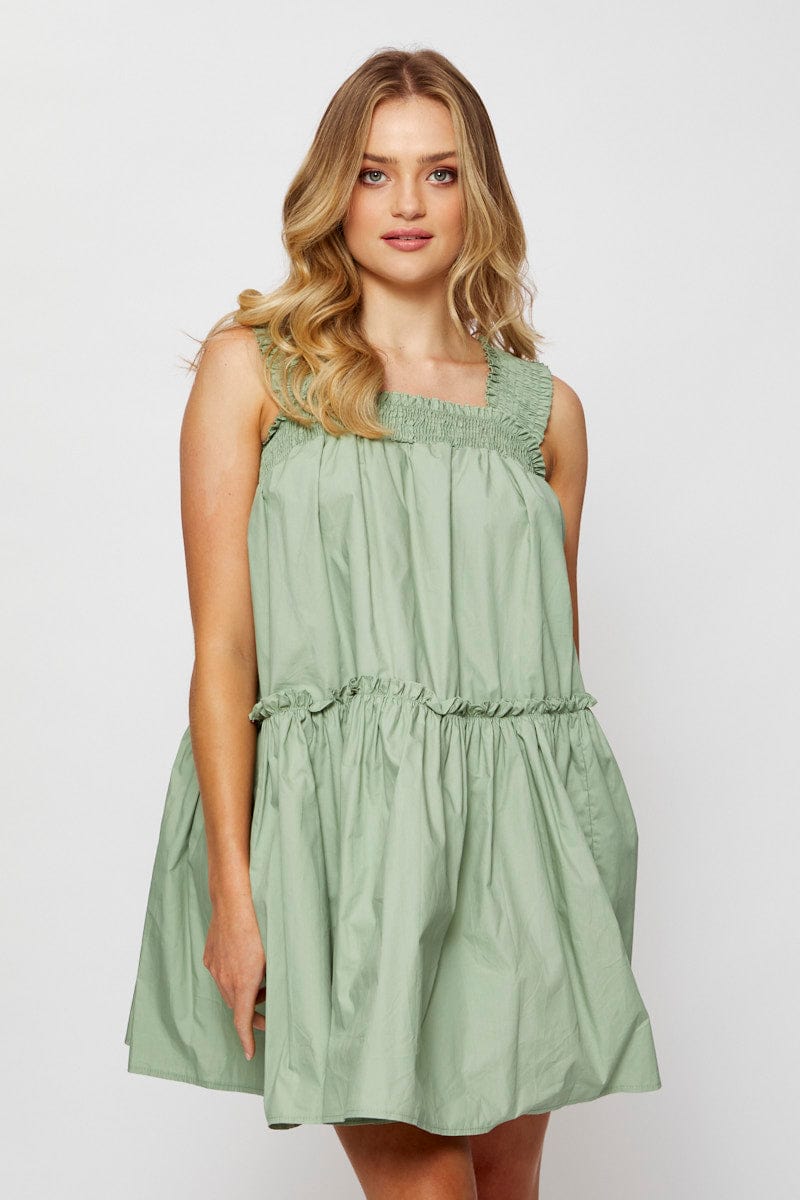 FB SWING DRESS Green Mini Dress Sleeveless Square Neck for Women by Ally