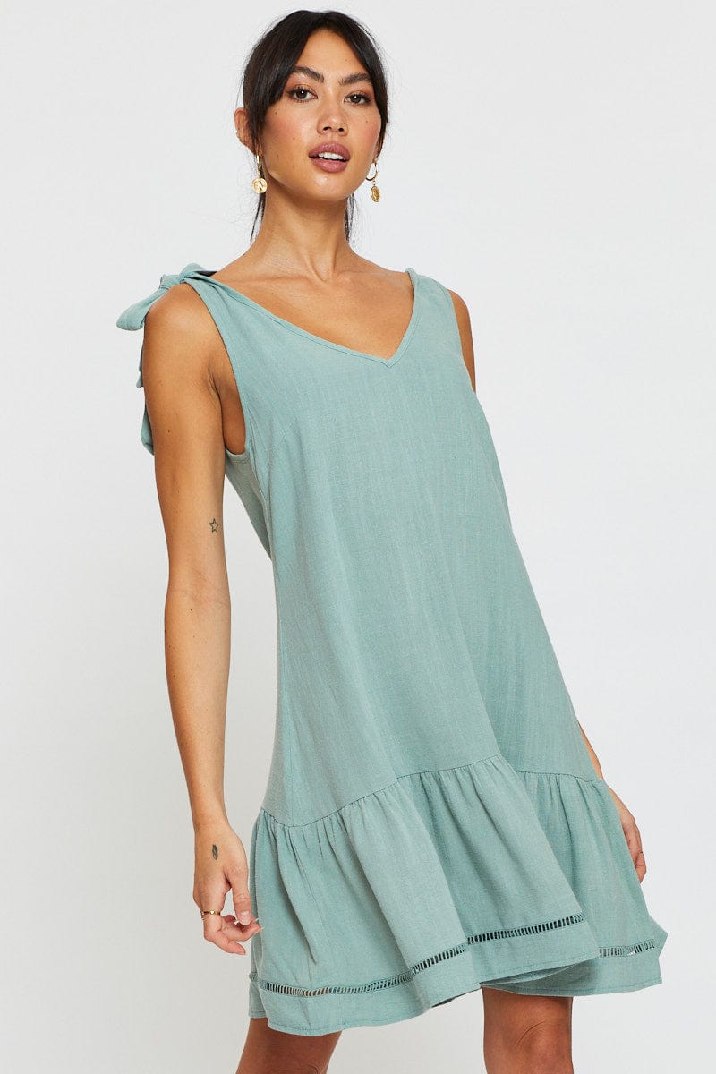FB SWING DRESS Green Mini Dress V Neck for Women by Ally