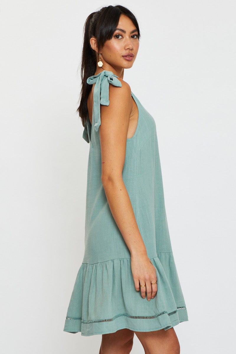 FB SWING DRESS Green Mini Dress V Neck for Women by Ally