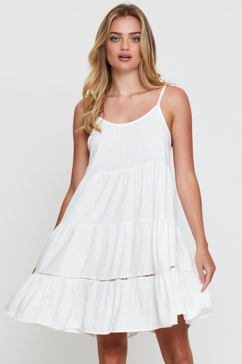 FB SWING DRESS White Fit And Flare Dress Sleeveless Scoop Neck for Women by Ally