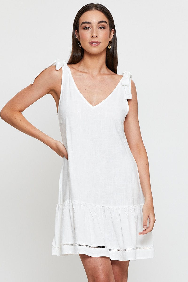 FB SWING DRESS White Mini Dress V Neck for Women by Ally