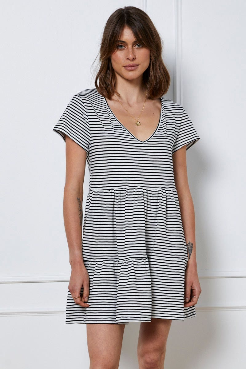 FB T SHIRT DRESS Stripe Mini Dress Short Sleeve for Women by Ally