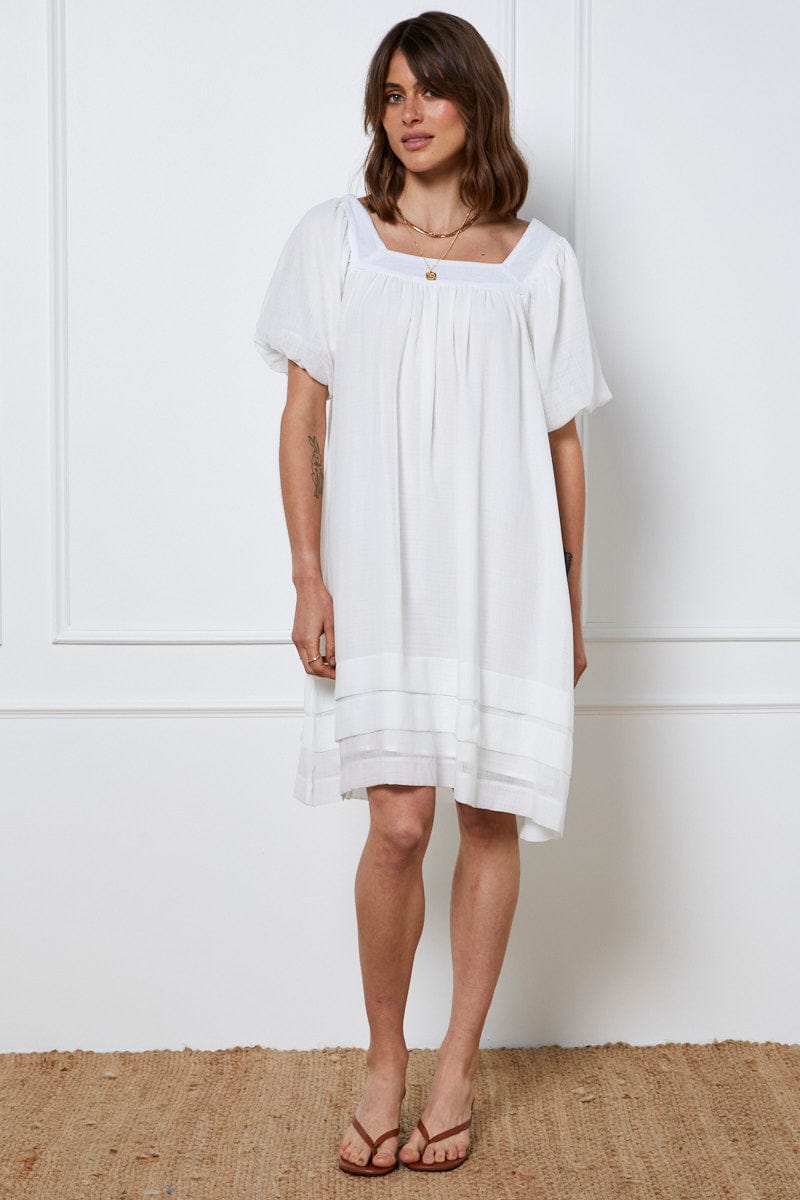 FB TUNIC DRESS White A Line Dress Short Sleeve Round Neck for Women by Ally
