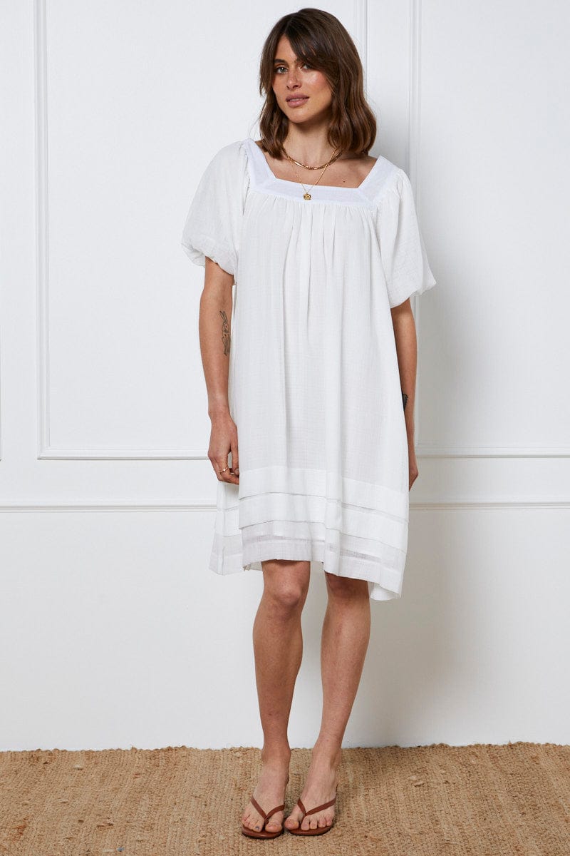 Women's White A Line Dress Short Sleeve Round Neck | Ally Fashion Women's White A Line Dress Short Sleeve Round Neck | Ally Fashion