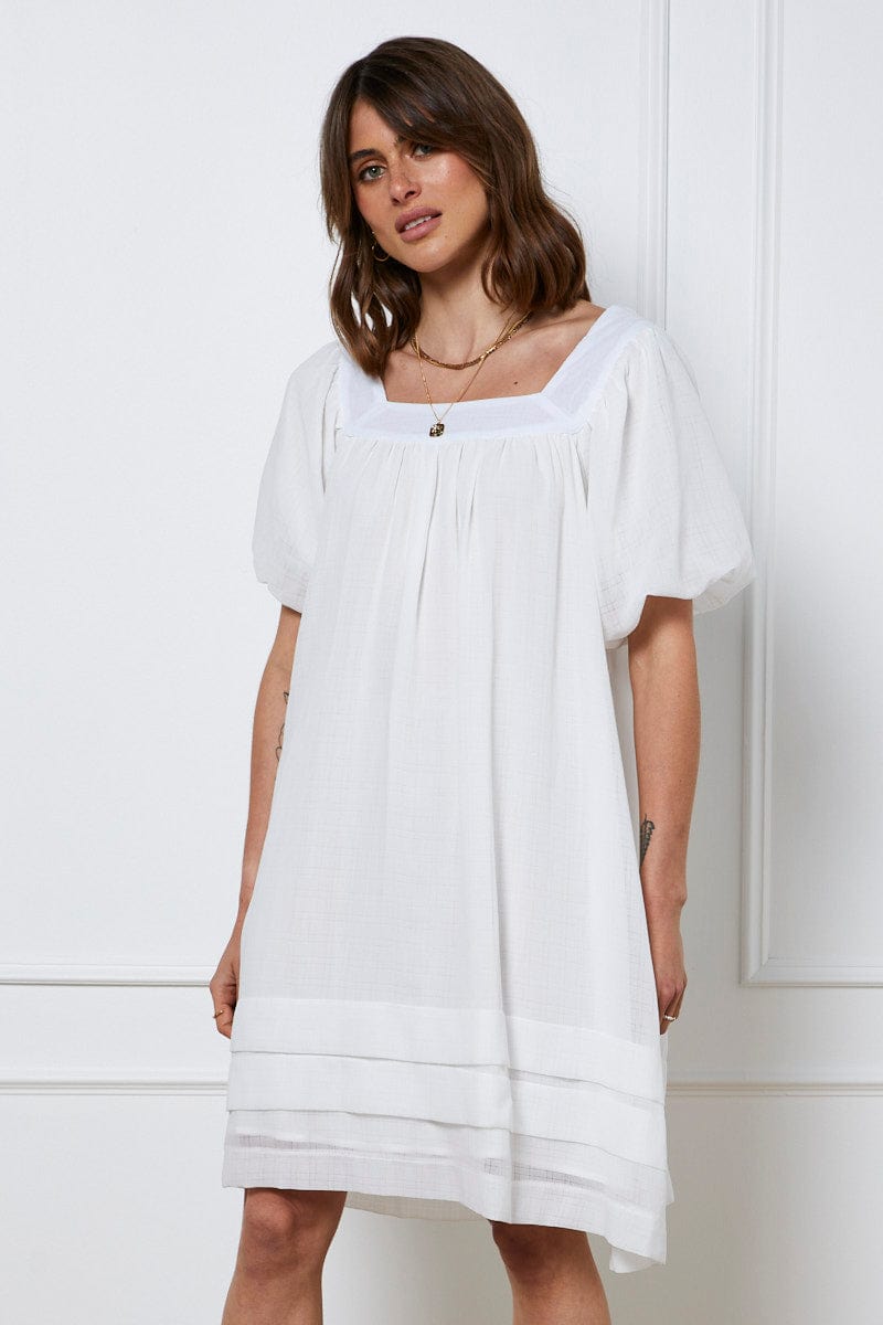 Women's White A Line Dress Short Sleeve Round Neck | Ally Fashion Women's White A Line Dress Short Sleeve Round Neck | Ally Fashion