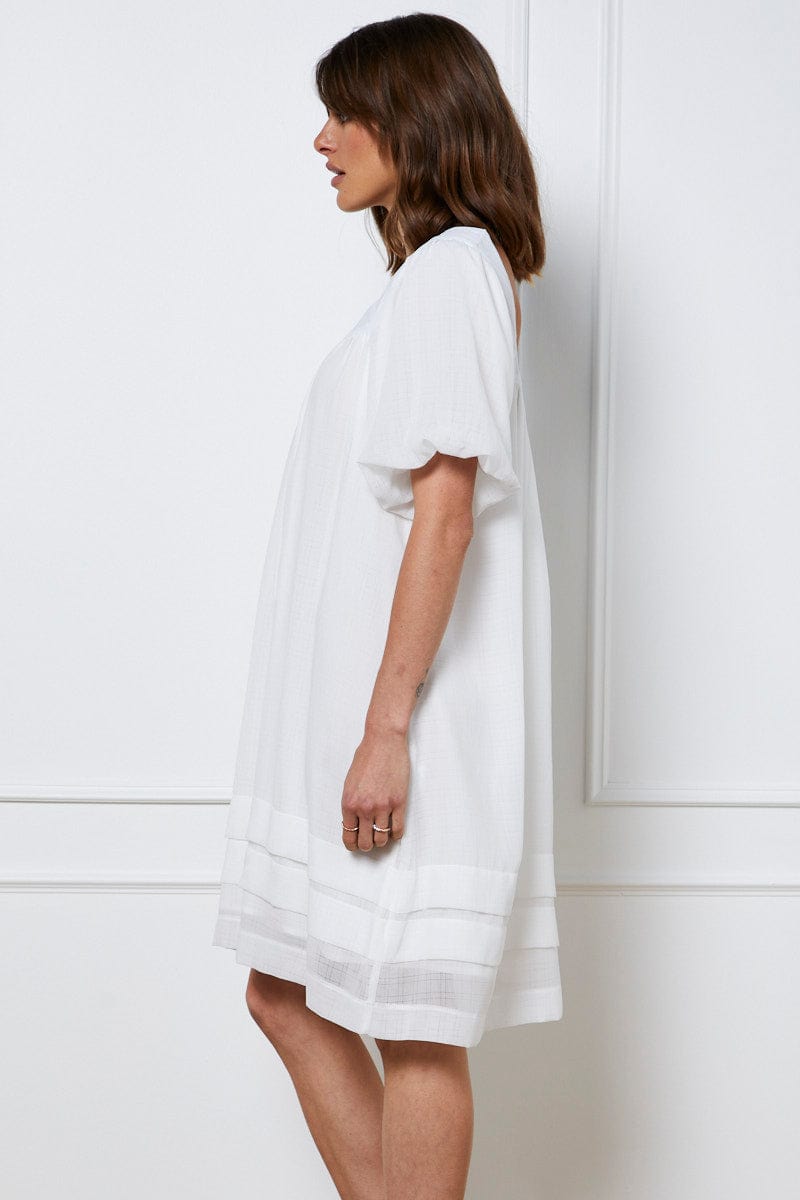 FB TUNIC DRESS White A Line Dress Short Sleeve Round Neck for Women by Ally