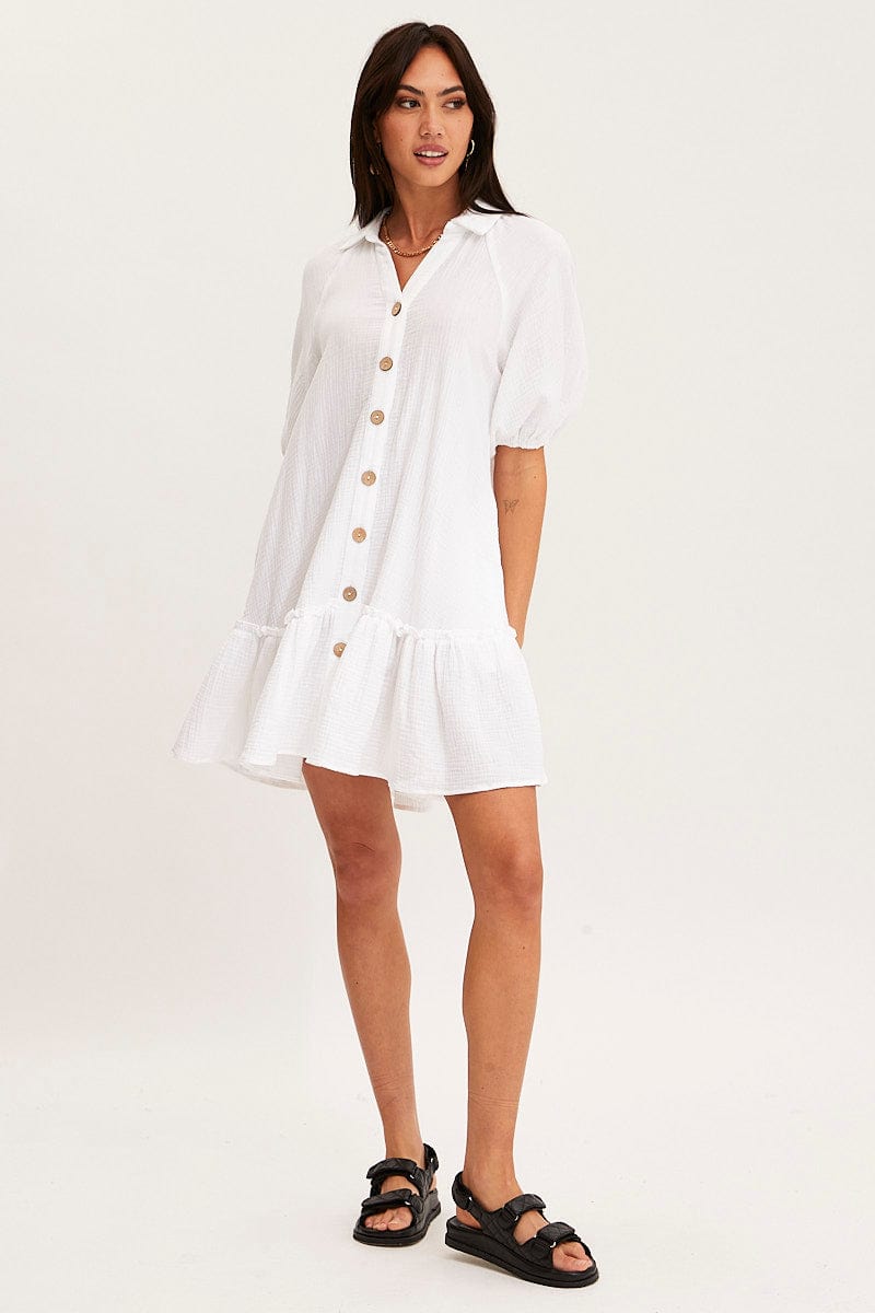 FB TUNIC DRESS White Mini Dress Short Sleeve V Neck for Women by Ally
