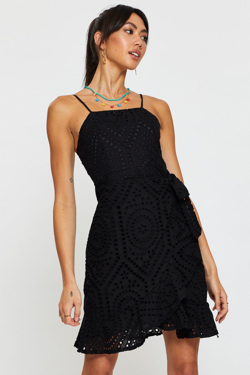 FB WRAP DRESS Black Mini Dress Sleeveless Square Neck for Women by Ally