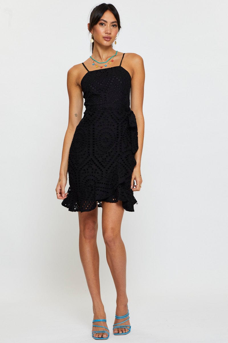 FB WRAP DRESS Black Mini Dress Sleeveless Square Neck for Women by Ally