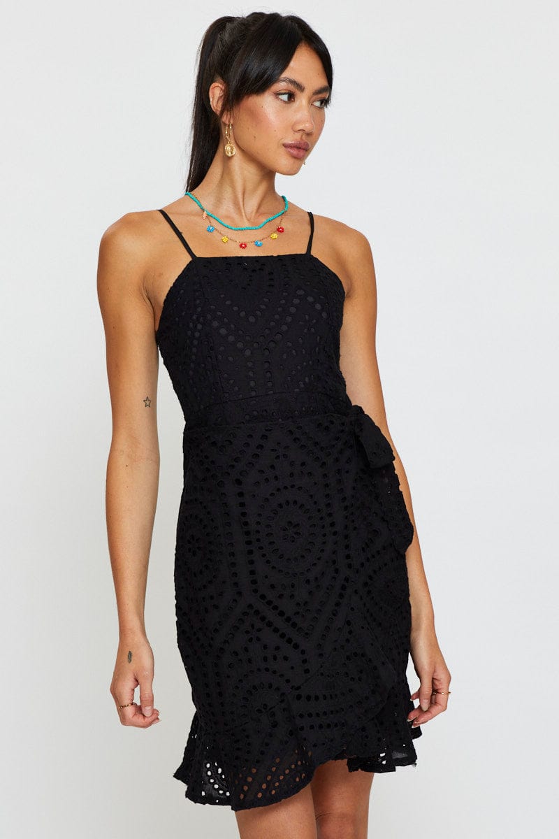 FB WRAP DRESS Black Mini Dress Sleeveless Square Neck for Women by Ally