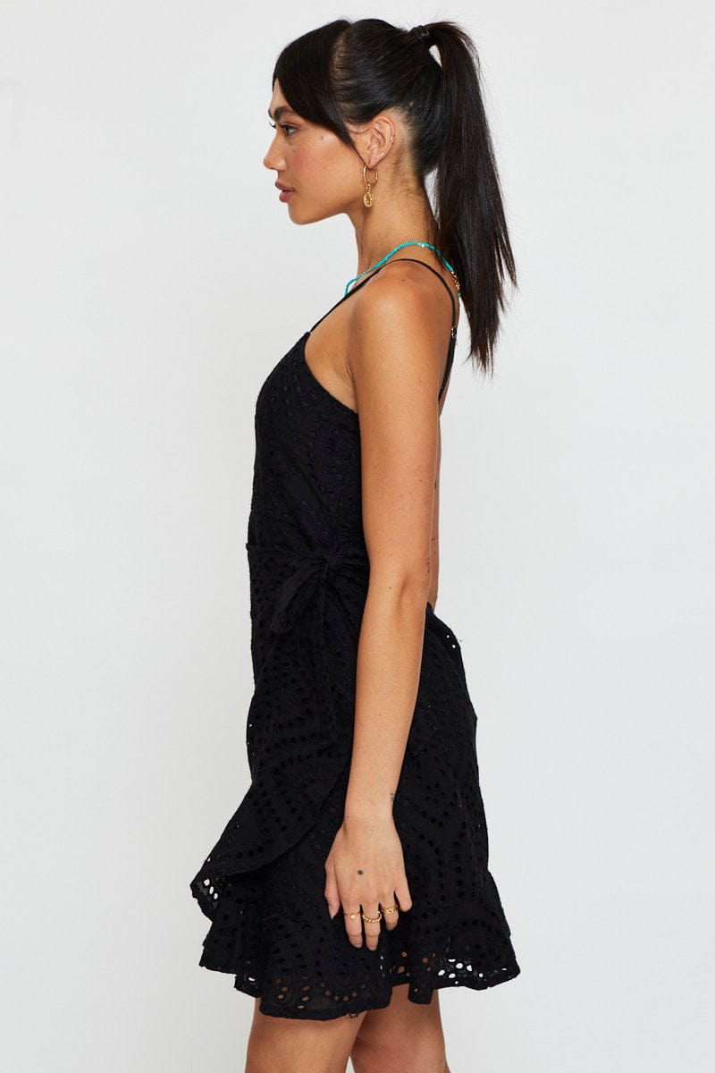 FB WRAP DRESS Black Mini Dress Sleeveless Square Neck for Women by Ally