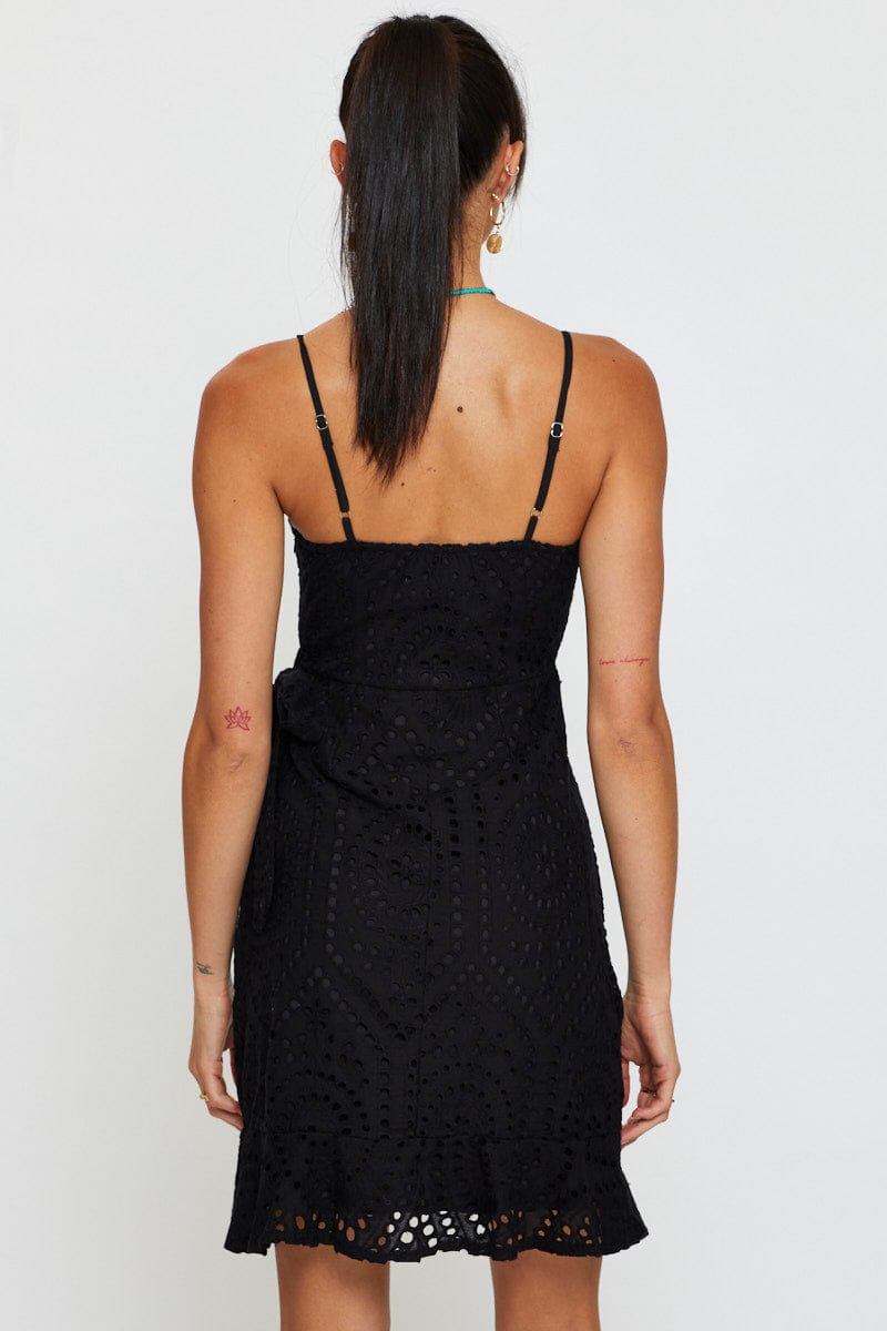 FB WRAP DRESS Black Mini Dress Sleeveless Square Neck for Women by Ally