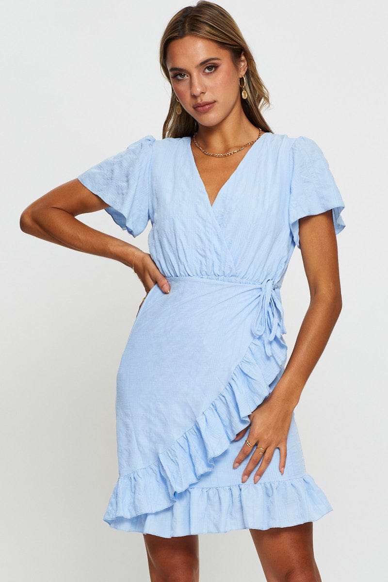 FB WRAP DRESS Blue Wrap Dress Short Sleeve V Neck for Women by Ally