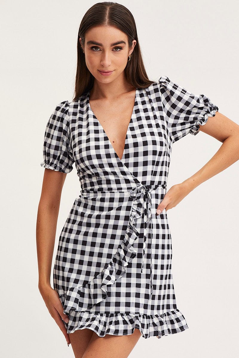 FB WRAP DRESS Check Wrap Dress Short Sleeve for Women by Ally