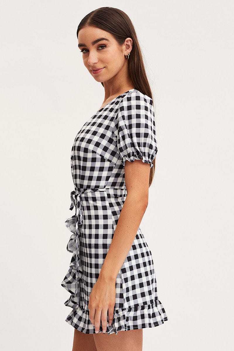 FB WRAP DRESS Check Wrap Dress Short Sleeve for Women by Ally