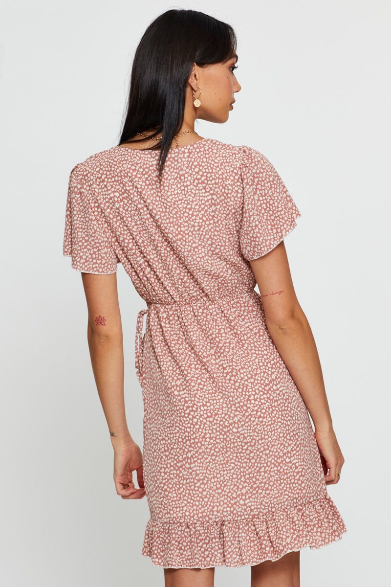 FB WRAP DRESS Geo Print Wrap Dress Short Sleeve V Neck for Women by Ally